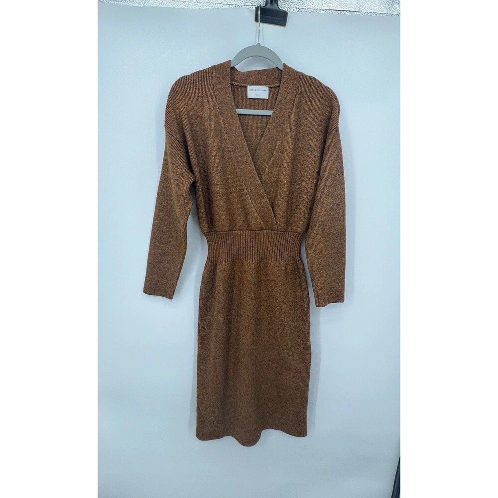 Modern Citizen Esther Sweater Dress Midi Sz M Ribbed Brown V Neck Cozy Chic